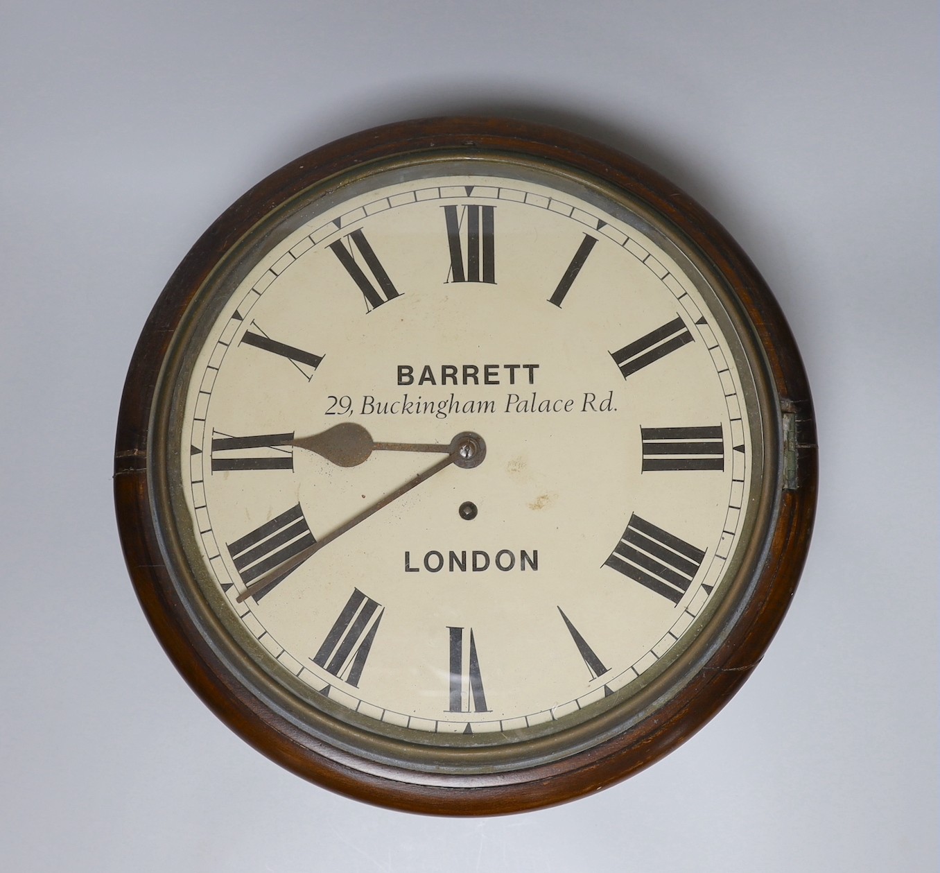 A late Victorian dial clock with key and pendulum, 36cm diameter, Single fusee movement, box case later